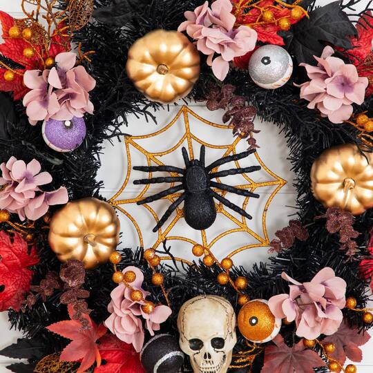 24" Artificial Halloween Wreath with Skulls, Spiders and Pumpkins